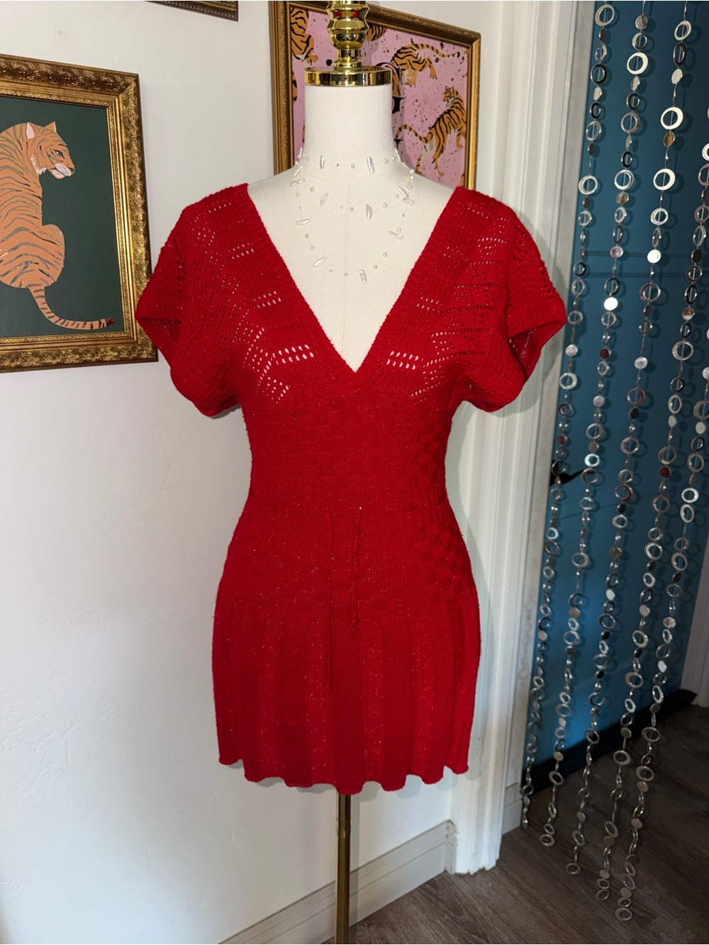 Y2K Red Knit V-Neck Short Sleeve Dress